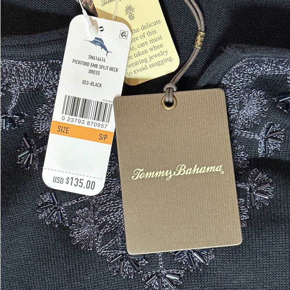 Tommy Bahama Black Pickford Embellished Split Neck Sweater Dress 3/4 Sleeve Sz S - Picture 12 of 14